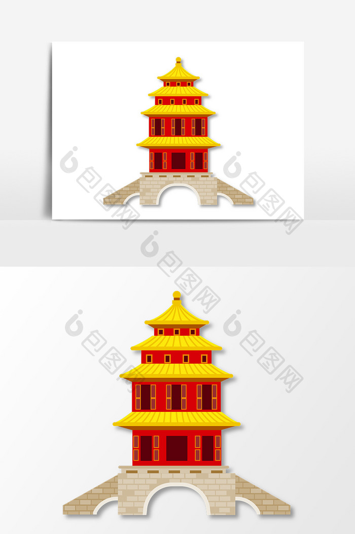 手绘中国风传统古建筑楼阁亭台矢量素材