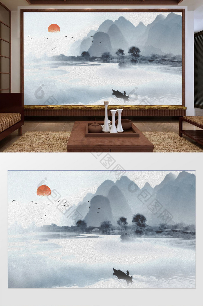中式蓝色水墨山水太阳小舟背景墙装饰定制