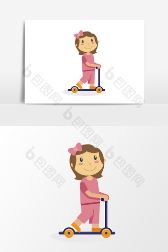 手绘玩滑板车女孩插画矢量素材图片