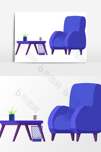 手绘卡通蓝色沙发桌子家具素材图片