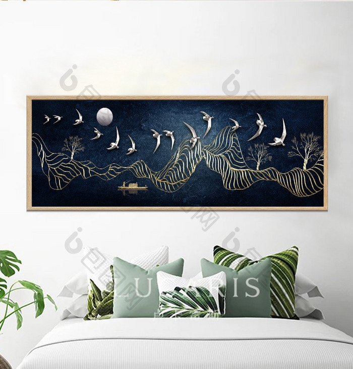 新中式黑金质感飞鸟意境山水装饰画