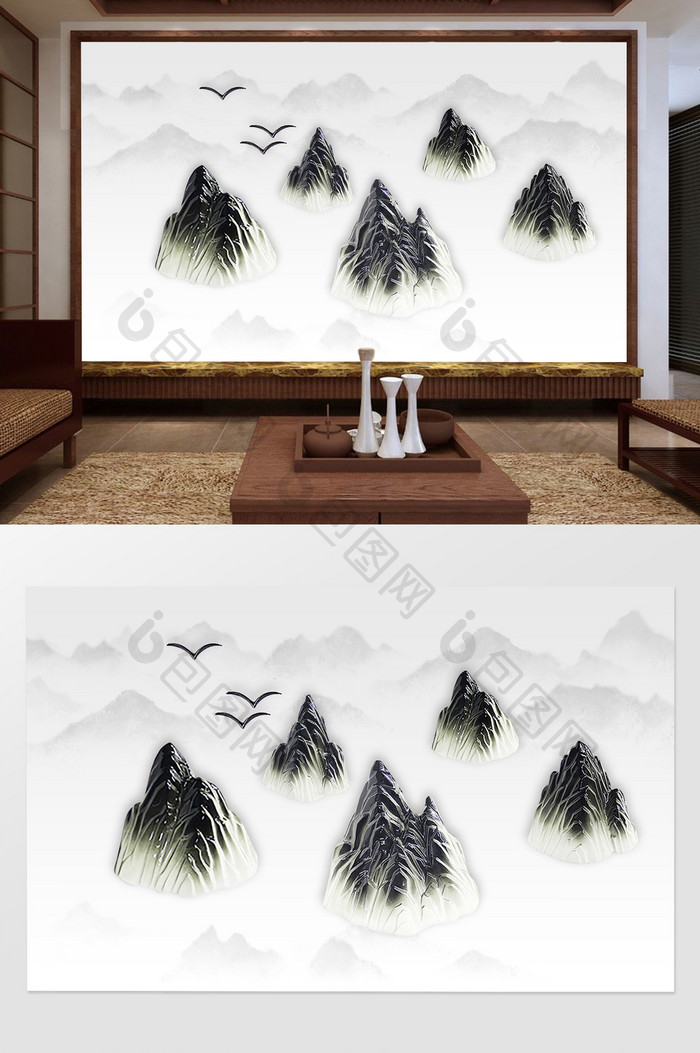 中国风水墨山水浮雕山峰飞鸟电视背景墙
