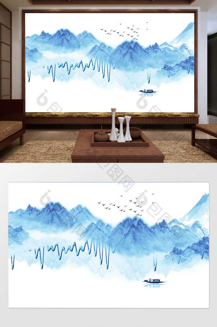 新中式意境蓝色水墨山水电视背景墙