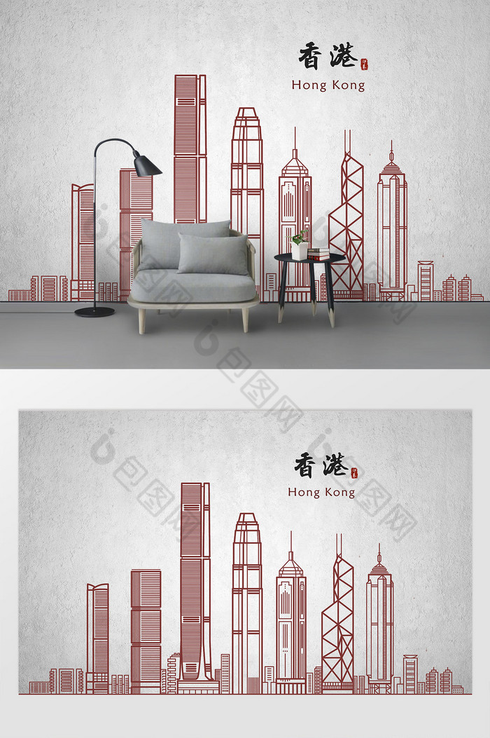 现代简约香港手绘城市地标背景墙图片图片