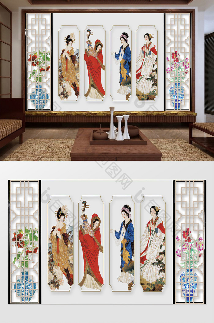 新中式四大美人画金色立体框硬装电视背景墙图片图片