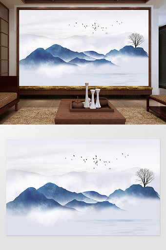 中式蓝色水墨山水电视背景墙定制图片