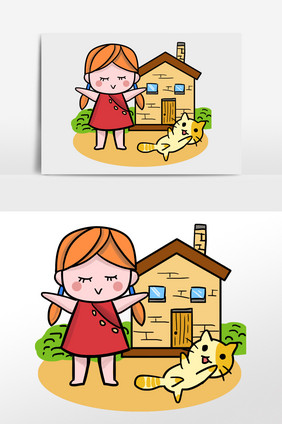 红色手绘小女孩屋子插画