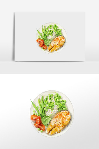 水彩手绘元素三文鱼扁豆小番茄饭菜图片