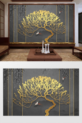 新中式意境金色发财树水墨山花枝灰色背景墙