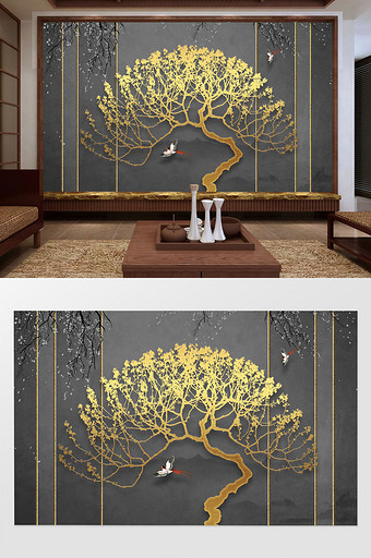 新中式意境金色发财树水墨山花枝灰色背景墙图片