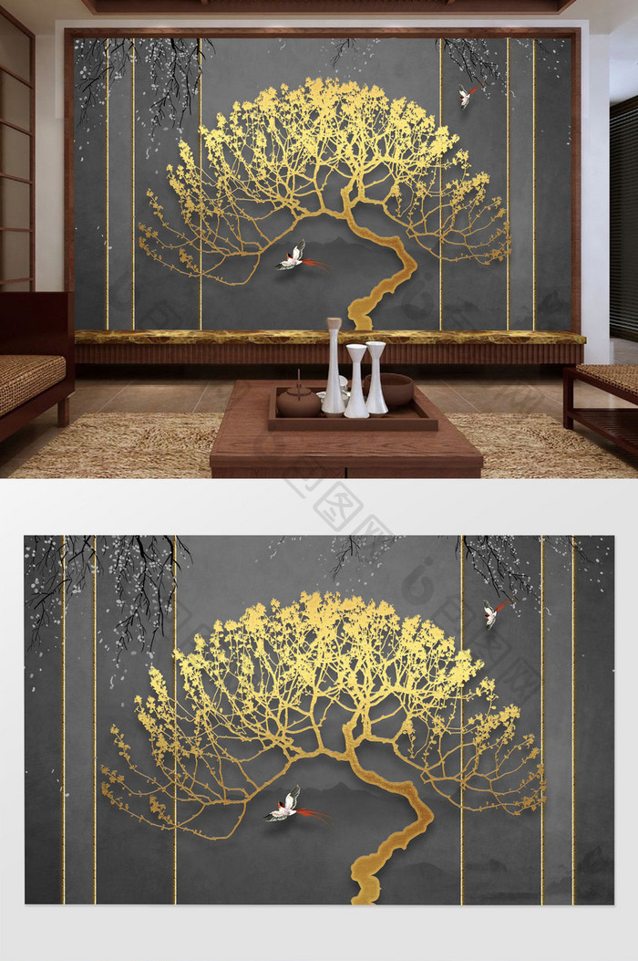 新中式意境金色发财树水墨山花枝灰色背景墙