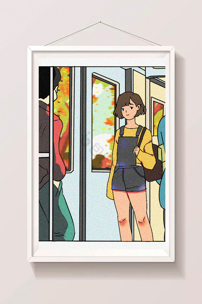上班族乘地铁上班生活插画图片