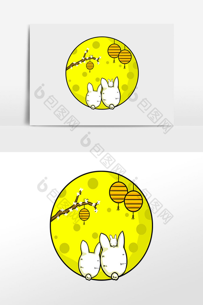 手绘中秋节兔子赏月插画元素
