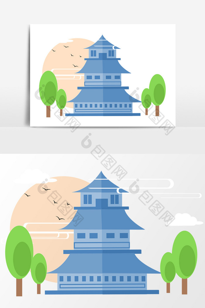 手绘中国风古建筑扁平化插画素材