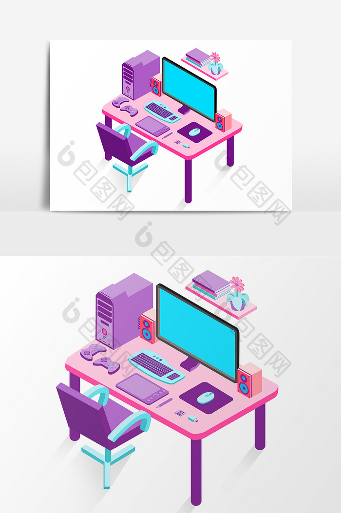 手绘小清新电脑桌商务插画