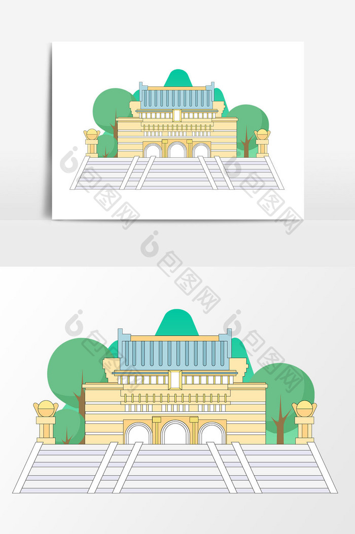 手绘卡通扁平化古建筑矢量素材