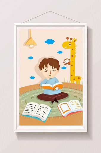 小清新可爱房间内安静看书的儿童插画图片