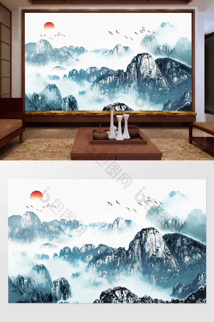 新中式蓝色水墨山水风景电视背景墙