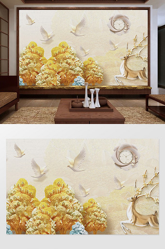 中式浮雕油画白鹤 小鹿挂钟电视背景墙图片