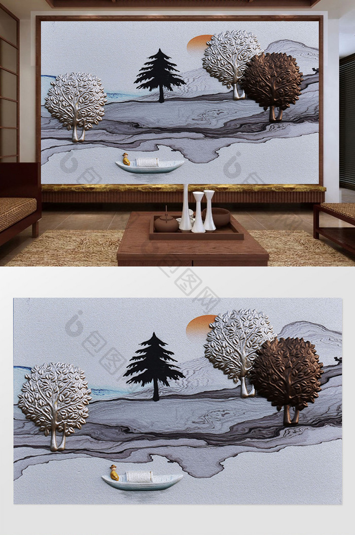 3D立体浮雕意境山水风景背景墙装饰画
