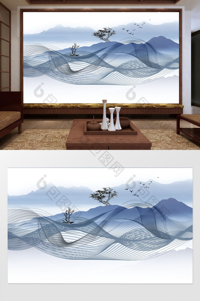 新中式蓝色抽象水墨山水电视背景墙