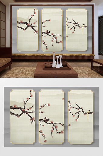 新中式手绘刺绣梅花花鸟硬装电视机背景墙图片