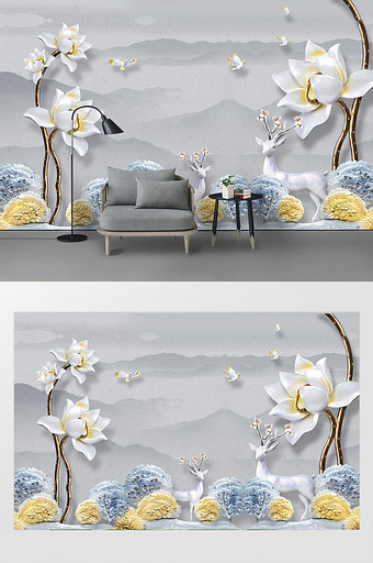 现代简约浮雕牡丹花麋鹿树水墨山水背景墙图片