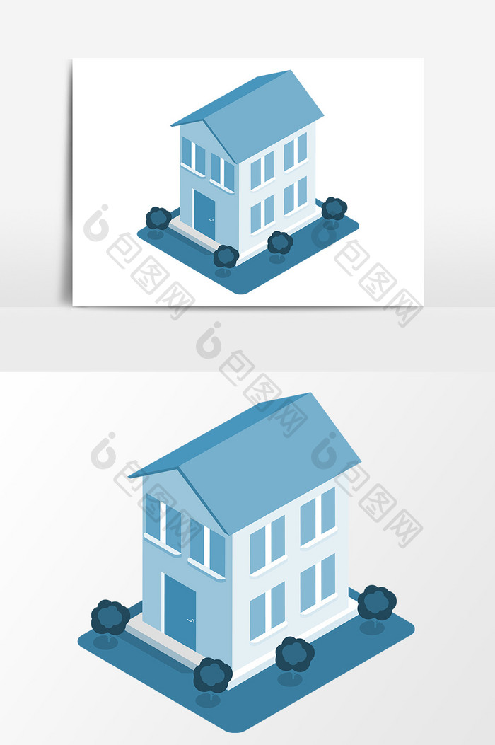 蓝色立体房子元素