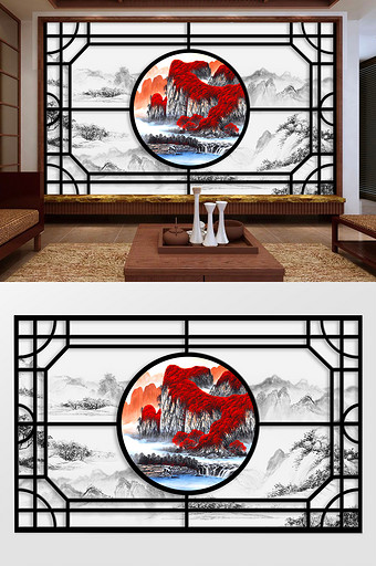 新中式3D立体水墨山水窗格壁画背景墙图片