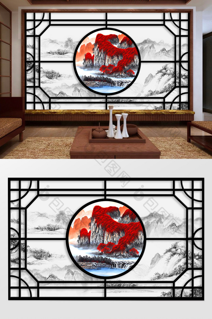 新中式3D立体水墨山水窗格壁画背景墙