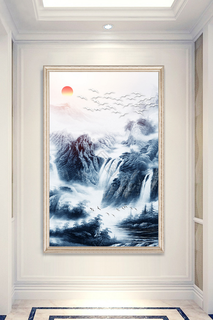 新中式意境山水风景画玄关装饰画图片