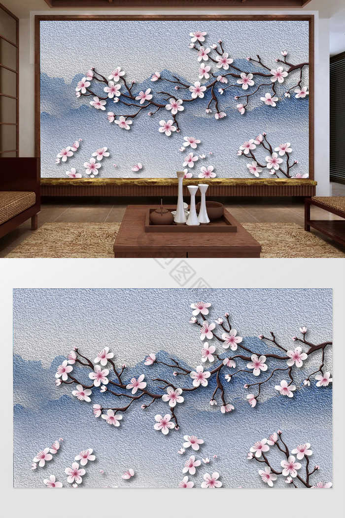 新中式立体花朵山水背景墙图片