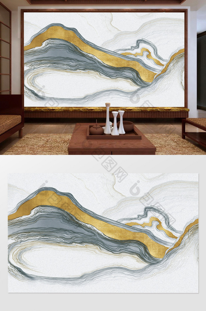新中式线条抽象油画背景墙