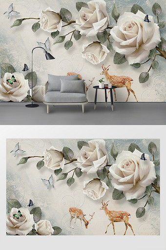 现代玫瑰花蝴蝶小鹿电视背景墙图片
