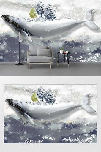 现代梦幻3d海洋童话鲸鱼浮雕背景墙图片