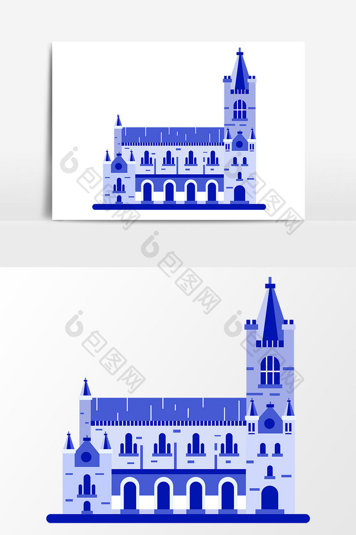 手绘扁平化蓝色欧式建筑设计矢量素材