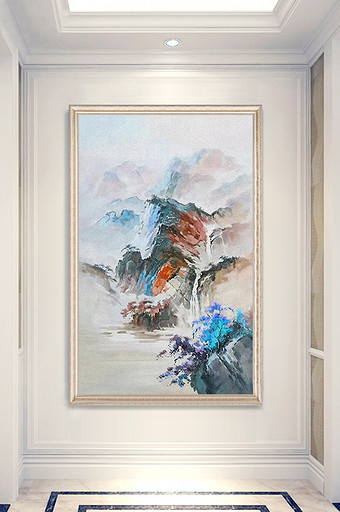 现代简约手绘抽象油画山水风景玄关画图片