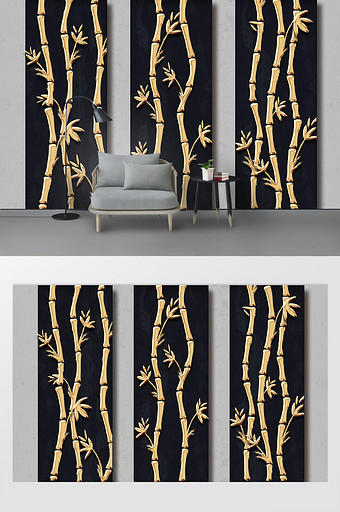 现代简约金色竹子拼接石纹电视背景墙图片