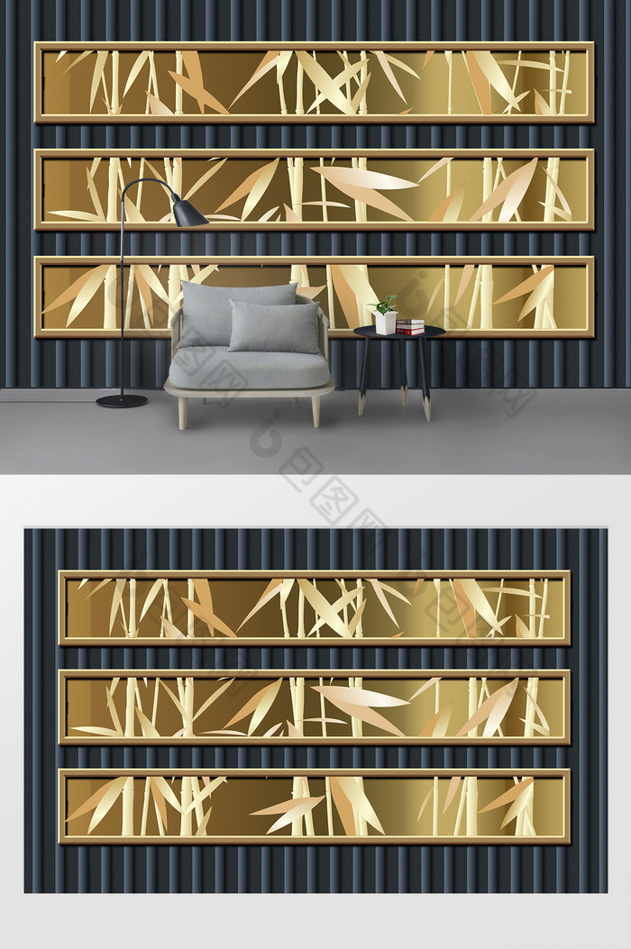 金色线条新中式窗户硬包背景墙图片