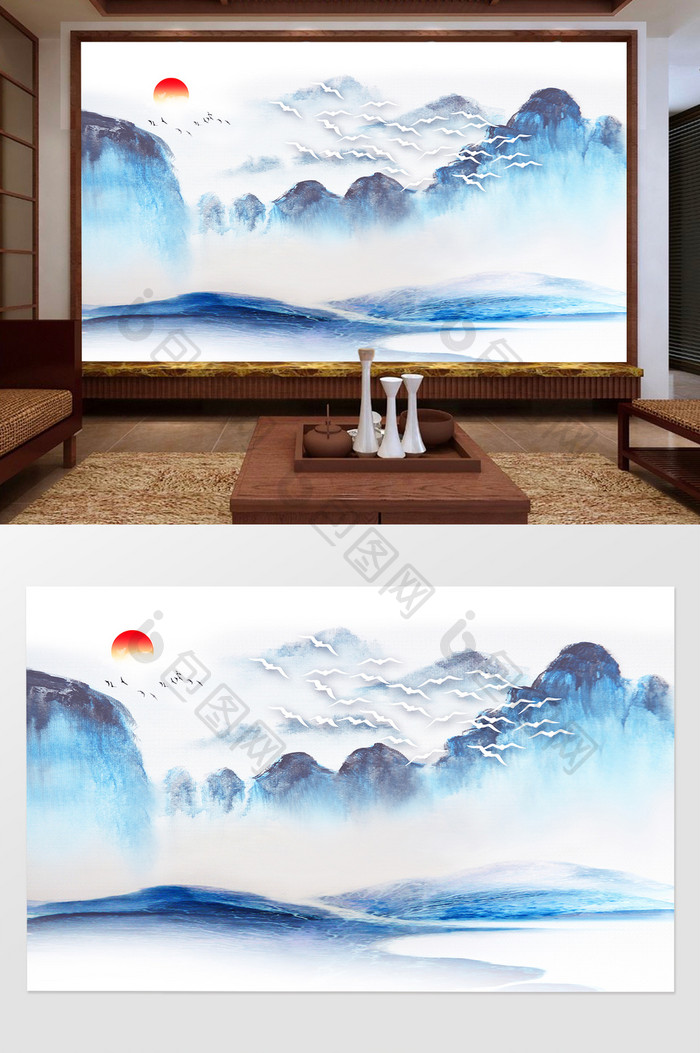 新中式唯美蓝色山水风景电视背景墙