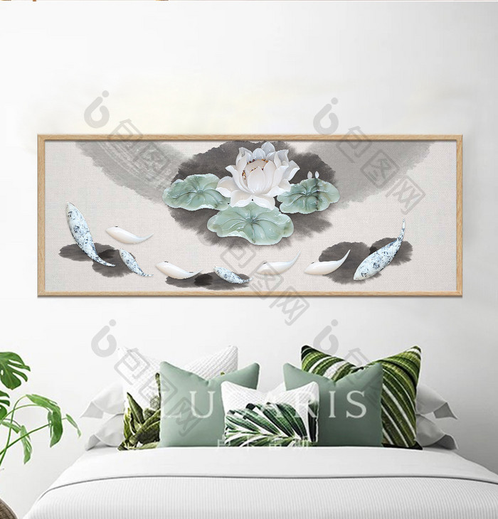 中国风水墨荷花鲤鱼横向装饰画