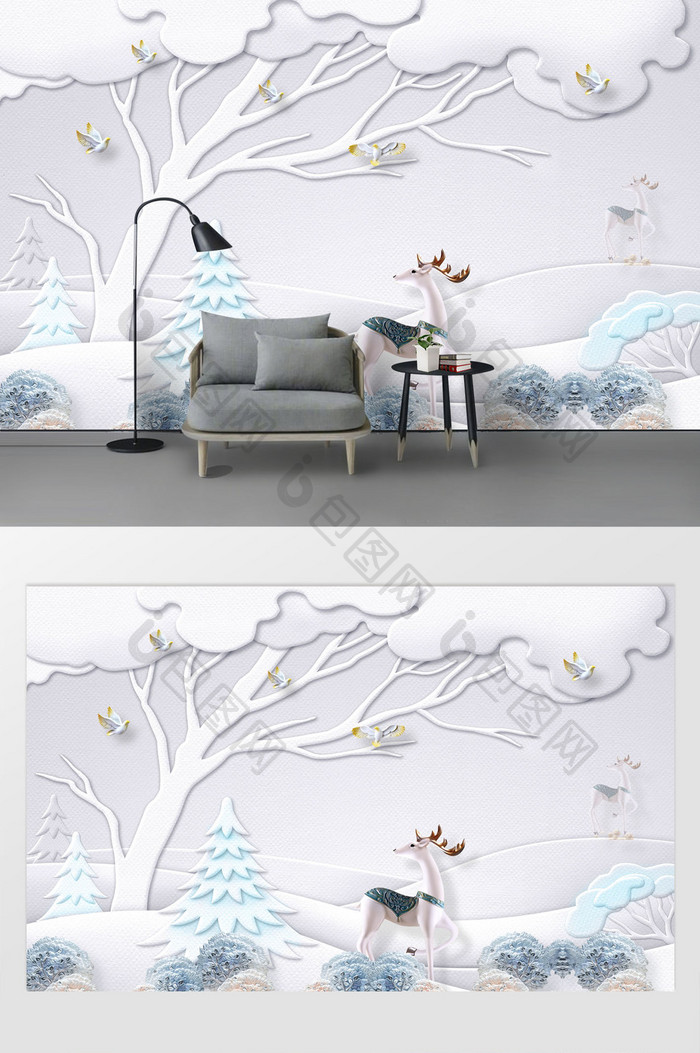 现代简约浮雕森林麋鹿雪地白色小清新背景墙