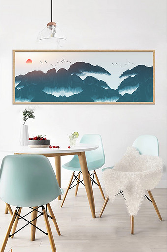 新中式蓝色唯美山水风景装饰画图片