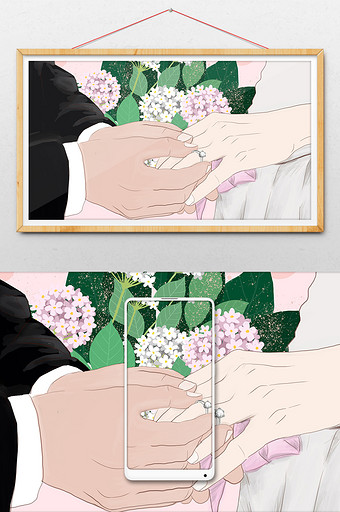 清新绿浪漫婚礼结婚手绘戴戒指插画图片