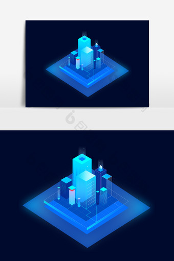科技感建筑2.5d蓝色插画图片