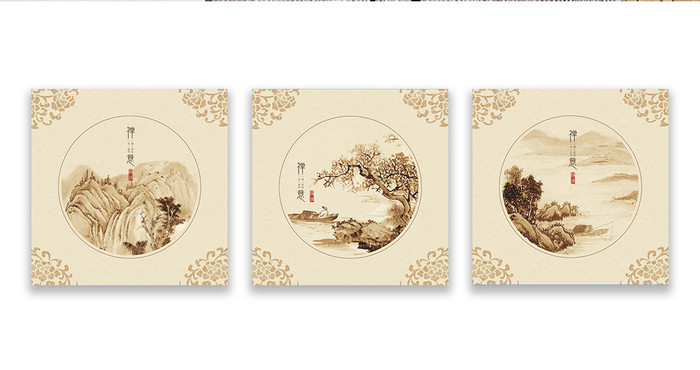 水墨中国风正方形山水花纹装饰画