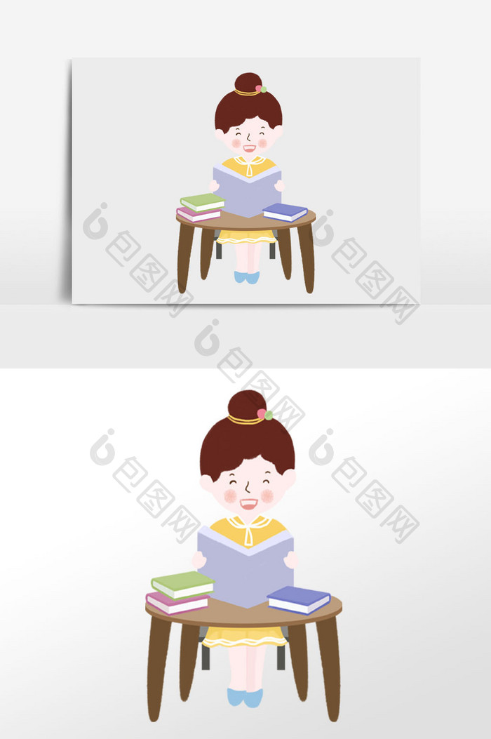 可爱卡通小女孩读书手绘插画背景元素