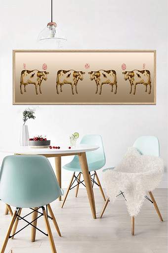 浮雕吉祥五牛复古横向装饰画图片