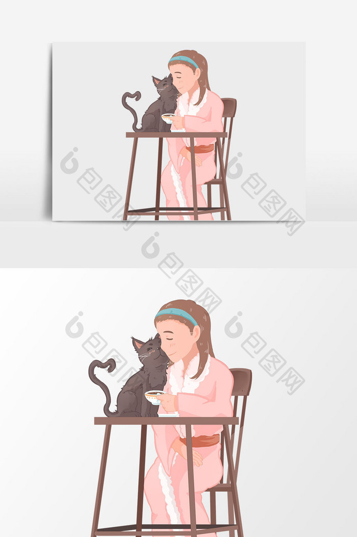 卡通漫画女生和猫插画元素