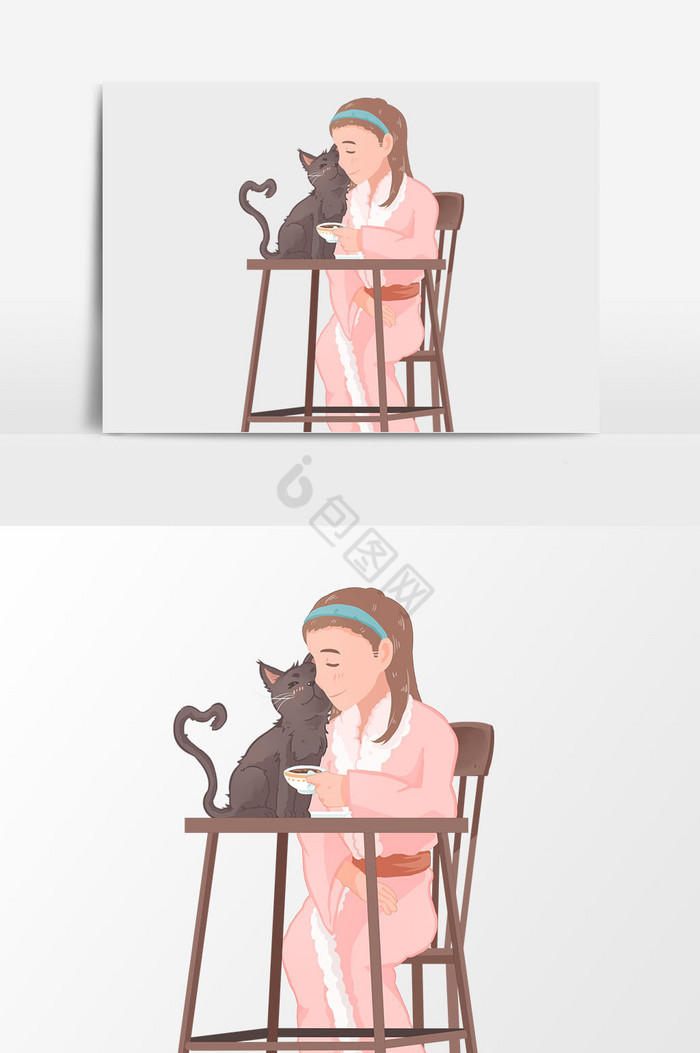 女生和猫插画图片